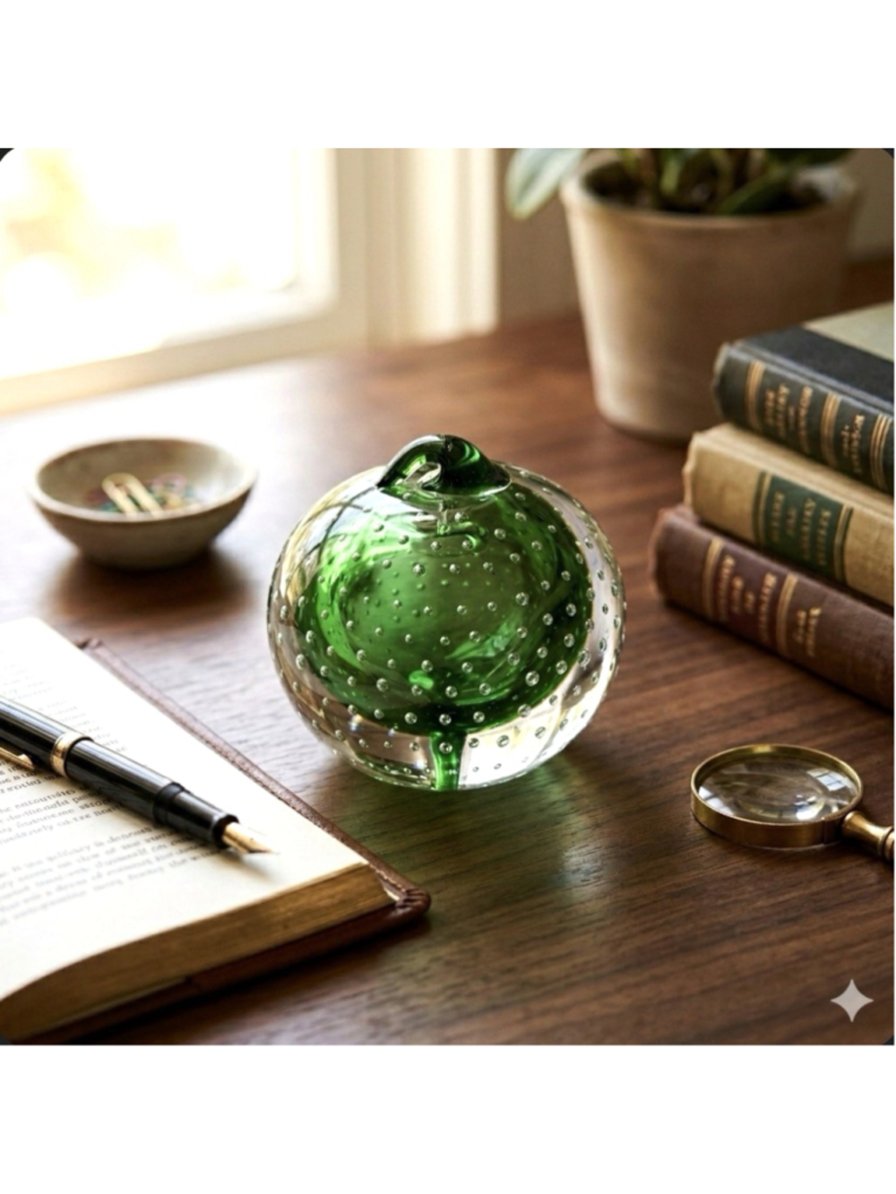 Lefton Glass Apple Paperweight, w/Label, Vintage circa 1950s